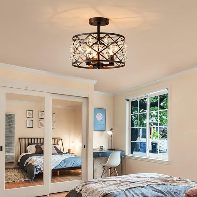 AGV LIGHTING CH013 Farmhouse Semi Flush Mount Ceiling Light Fixture, E12 Base 3-Lights, D13 x H12, Matte Black Finish