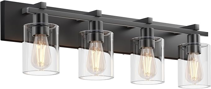 Espird Bathroom Vanity Light,4 Light Matte Black Light Fixture with Thickened Clear Glass Shade, 30 inch Modern Wall Sconce, Bathrooms Vanity Light Over Mirror for Bathroom