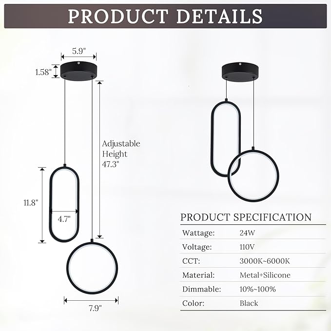 Black Modern Mini LED Pendant Light with Remote Control, 2 Ring 24W 3-Color Temp Stepless Dimmable Ceiling Hanging Light for Bedroom Kitchen Island Dining Room Foyer Entryway