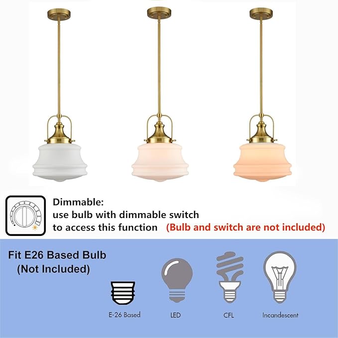 DEYNITE Nautical Gold Pendant Light Fixtures Milk White Glass Schoolhouse Hanging Adjustable Light for Kitchen Bedroom Dining Bathroom