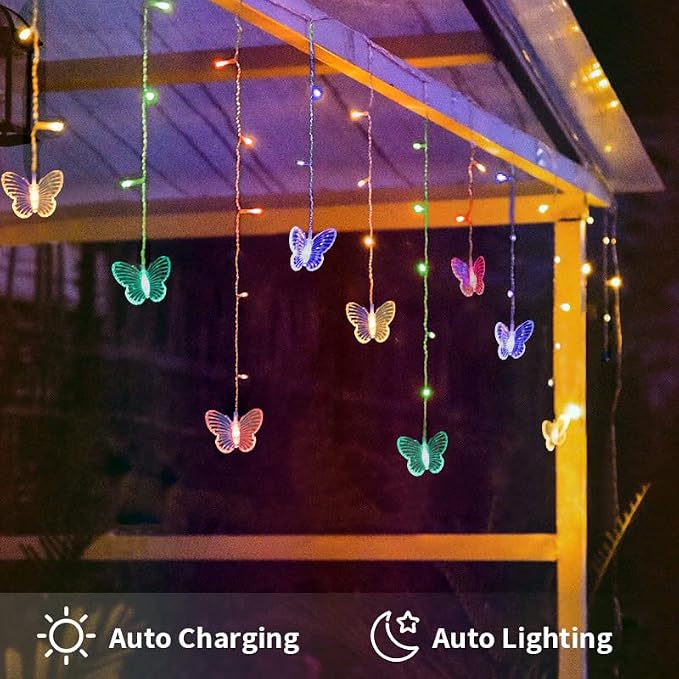 Butterfly Solar Lights Outdoor 13ft LED Fairy Curtain Light with Remote, USB Rechargable Waterproof Solar Firefly Lights Butterfly Decor for Garden Patio Fence Balcony Yard Tent Easter (Multicolor)