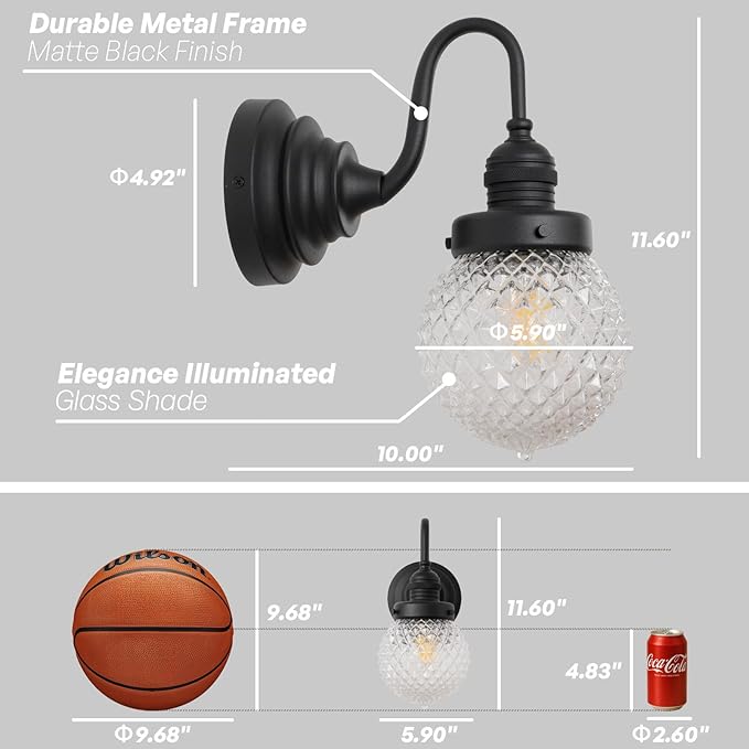 Vintage Farmhouse Wall Sconce Black Bathroom Sconces with Round Pineapple Pattern Clear Glass Shade Hardwire Wall Mounted Lamp for Bathroom Living Room Bedroom Kitchen E26 Indoor