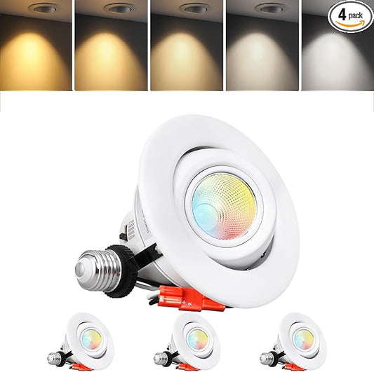 TORCHSTAR 4 Inch 5CCT LED Gimbal Retrofit Recessed Lighting Dimmable, 2700K/3000K/3500K/4000K/5000K Selectable, 9W CRI90 Directional LED Eyeball Can Light, Adjustable Ceiling Spotlight, ETL, Pack of 4