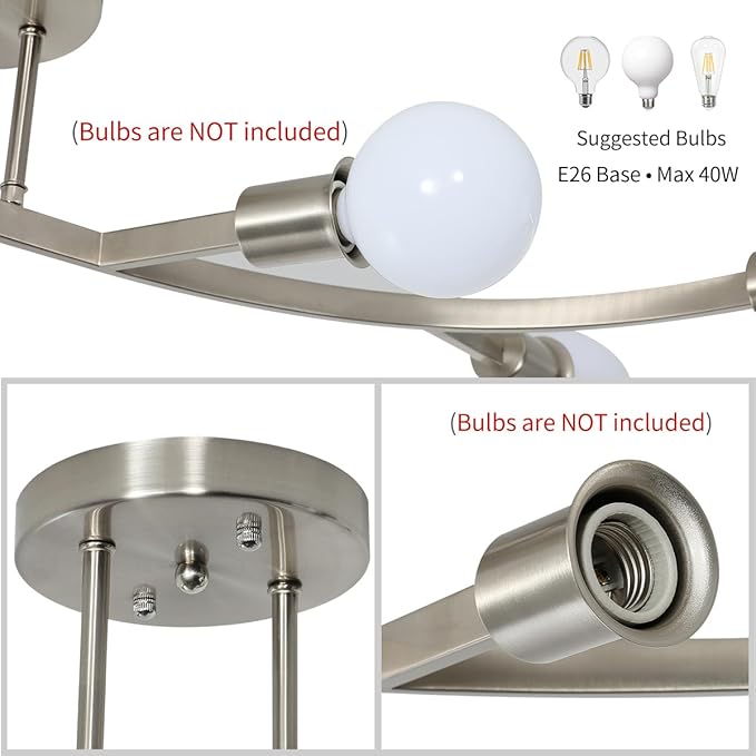 Modern Brushed Nickel Light Fixture Ceiling 5-Lights,Flush Mount Sputnik Chandelier Sliver for Kitchen,Office,Bedroom,Living Room,Dining Room(Bulbs Not Included)
