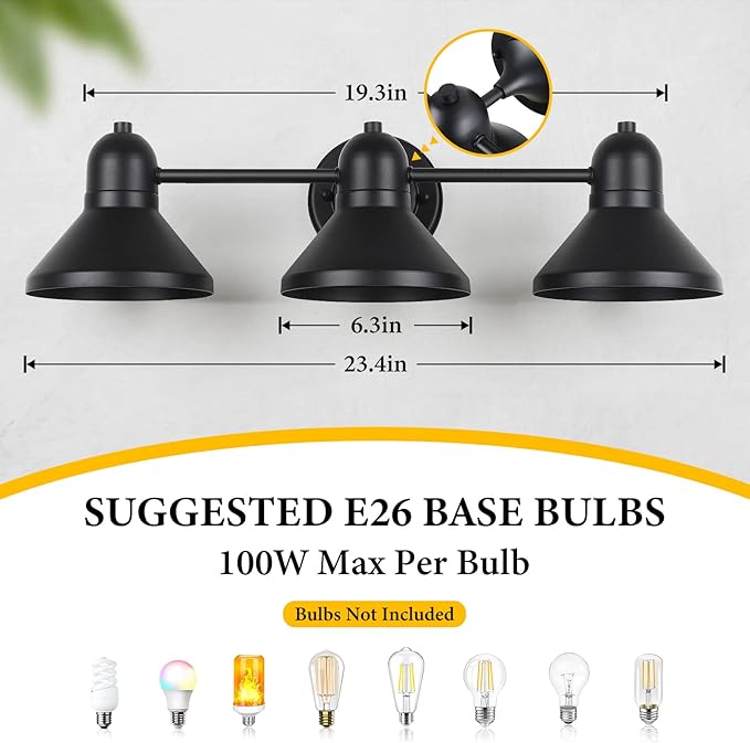 Bathroom Light Fixtures, 3-light Vanity Light Over Mirror, Matte Black Metal Bathroom Light, Modern Farmhouse Rustic Industrial Indoor Wall Mount Lighting Sconce for Living Room Cabinet Hallway