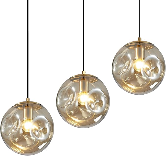 Modern Amber Concave Glass Pendant Light, 3-Pack Kitchen Island Lighting Single Globe Pendant Light Fixtures Century Kitchen Island Pendant Light for Bedroom Dining Room Light (Without Bulbs)