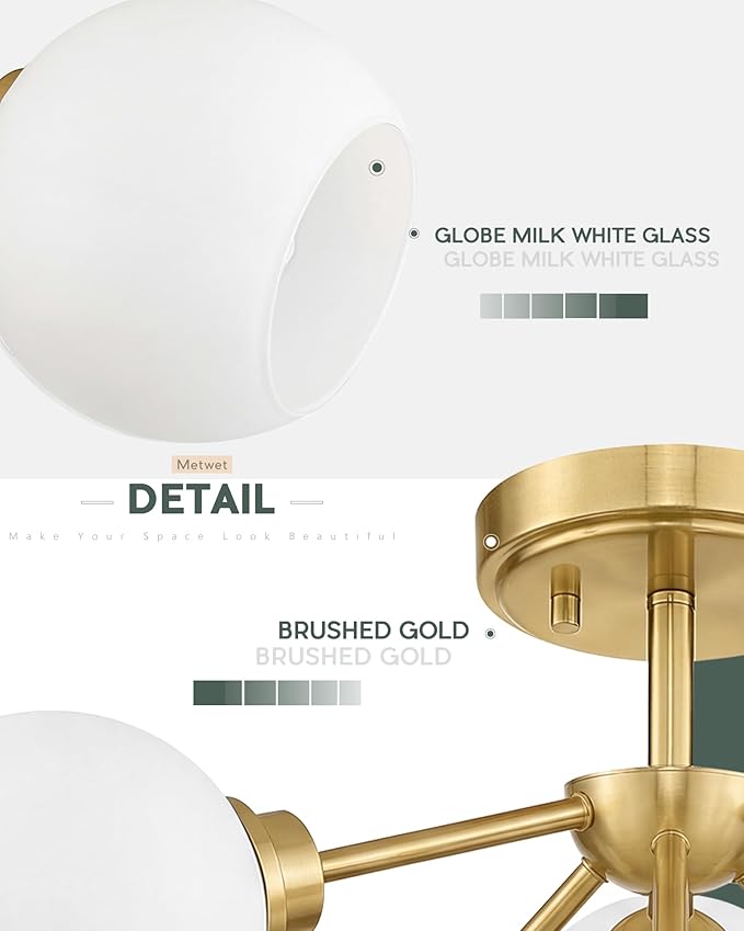 6-Light Semi Flush Mount Ceiling Light, 22" Modern Light Fixtures Ceiling Mount with Globe Milk White Glass Shade, Brushed Gold Light Fixtures for Kitchen Entryway Bedroom, SM195-BG-ML-6