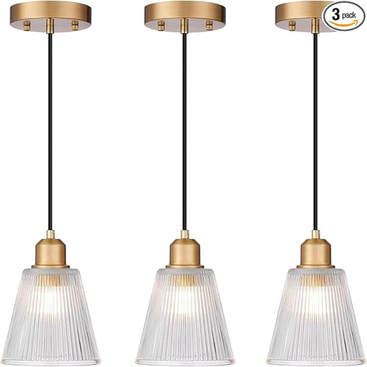 Pendant Lights Kitchen Island, Gold Pendant Light Fixtures with 5.8mm Thick Glass Shade and Adjustable Cord, Modern Pendant Lighting for Bathroom, Dining Room, Bedroom, 3 Pack