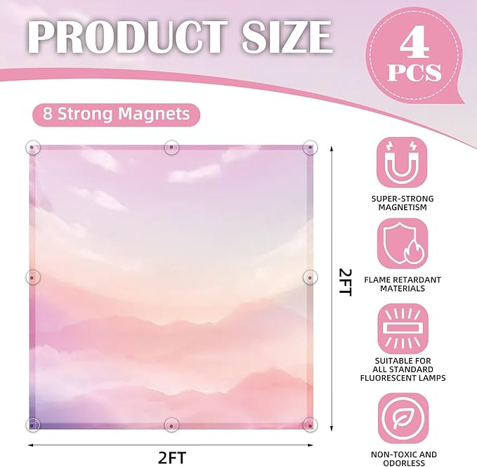 2 x 2 Feet Fluorescent Light Covers - 4 Pcs Covers for Ceiling Lights, Magnetic Light Filters for Classroom, Office, Hospitals, Home (Pink - Sky)