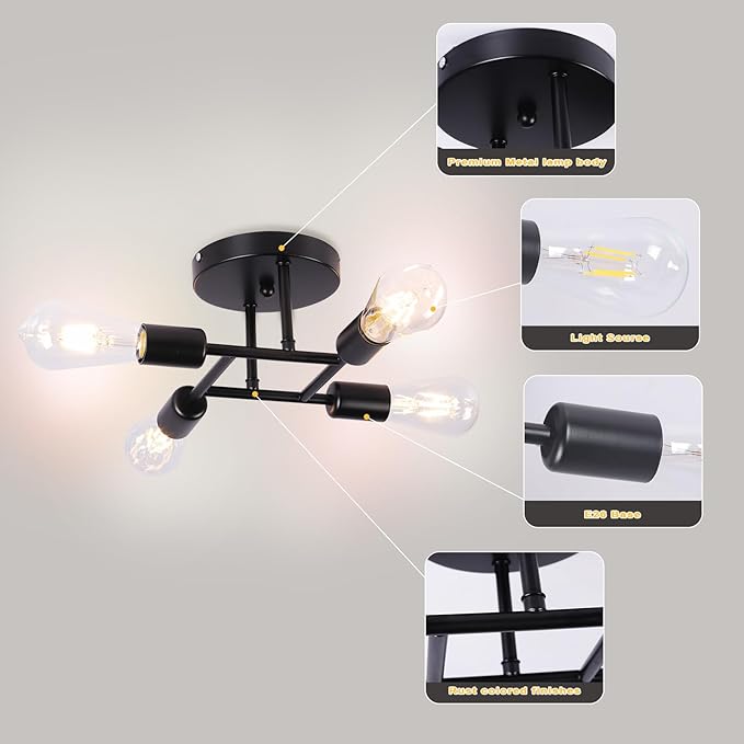 Finktonglan 4-Light Semi Flush Mount Ceiling Light, Matte Black Sputnik Ceiling Light Fixture, Modern Farmhouse E26 Chandelier for Kitchen, Dining Room, Bedroom, Hallway