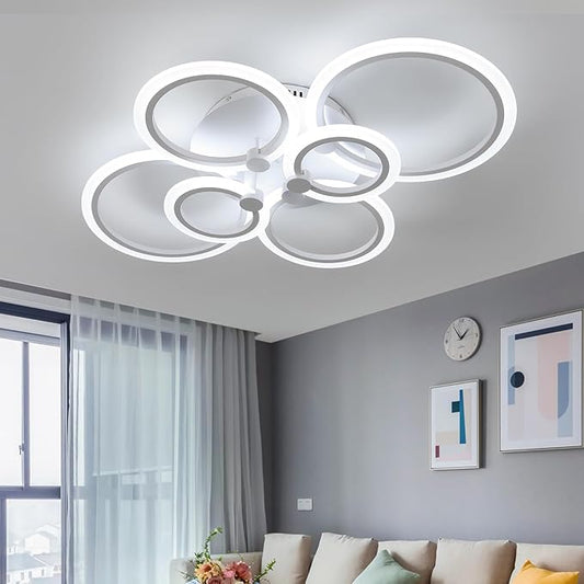 DELIPOP Modern Ceiling Light, White 6 Rings Flush Mount Ceiling Light, 31 Inch 6500K Cool White Led Chandelier Lighting for Bedroom, Living Room, Kitchen, Dining Room