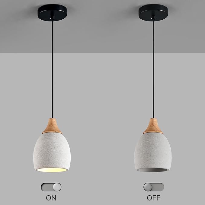 Concrete Pendant Light with Wooden, E26 Hanging Light for Restaurant Bar, Modern Industrial Hanging Cement Pendant Lighting Fixture for Kitchen Island Dinning Room Bedroom(1-Pack)