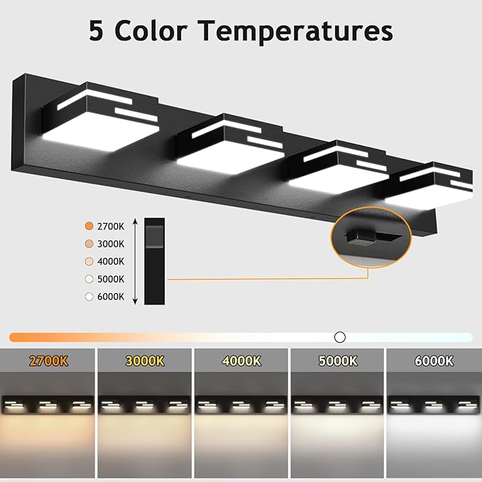 LED Modern Bathroom Vanity Light Fixtures 4-Light 28-inch 5CCT Dimmable Matte Black Vanity Lights for Bathroom Lighting Fixtures Over Mirror, with 360° Rotatable Acrylic Heads
