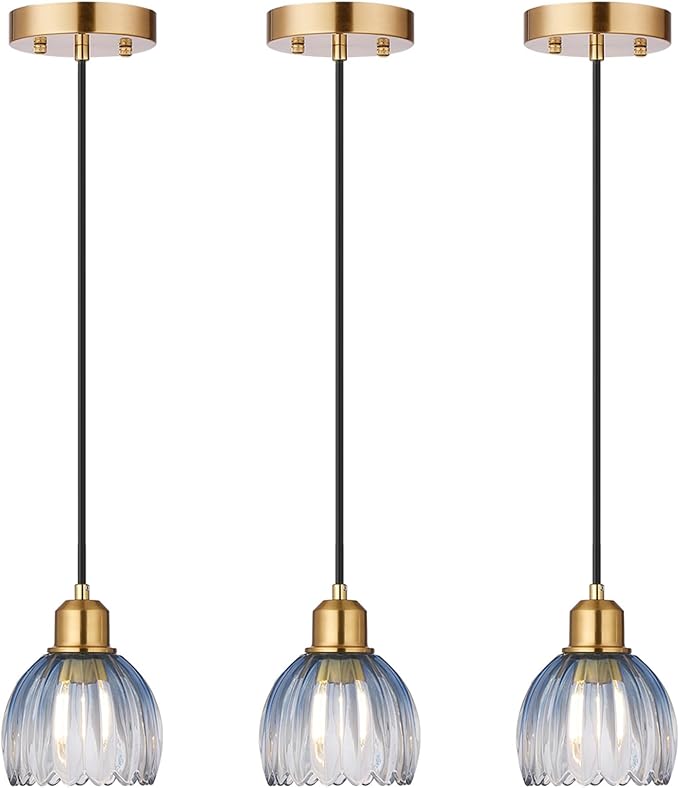 TALOYA Pendant Light 3 Pack with Blue Tulip Glass Lmapshade, Brass Vintage Pendant Light Adjustable Hanging Light for Kitchen Island Bedroom Dining Room Hallway& Bar