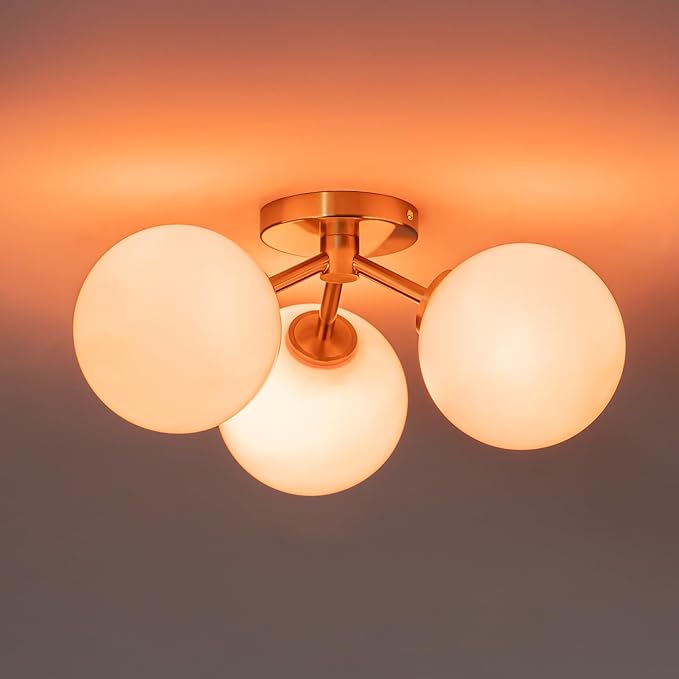 Pink Semi Flush Mount Ceiling Light Fixture, 3 Light Opal Glass Globe Mid Century Modern Light Fixtures for Bedroom,Entryway,Hallway,Living Room,Kithcen,Dining Room