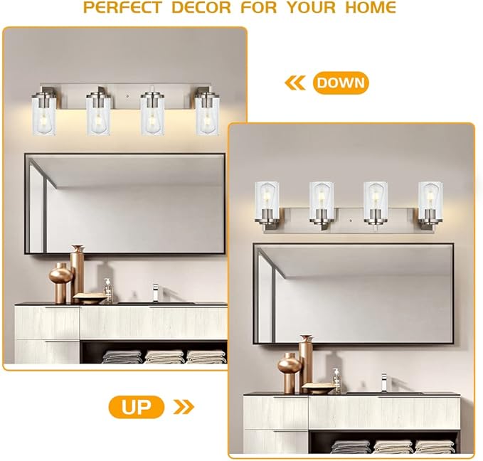 BONLICHT 4-Light Bathroom Light Fixtures Brushed Nickel Wall Sconce Lighting Modern Vanity Lights with Seeded Glass, Industrial Bathroom Farmhouse Wall Lamp for Mirror Kitchen Bedroom Living Room
