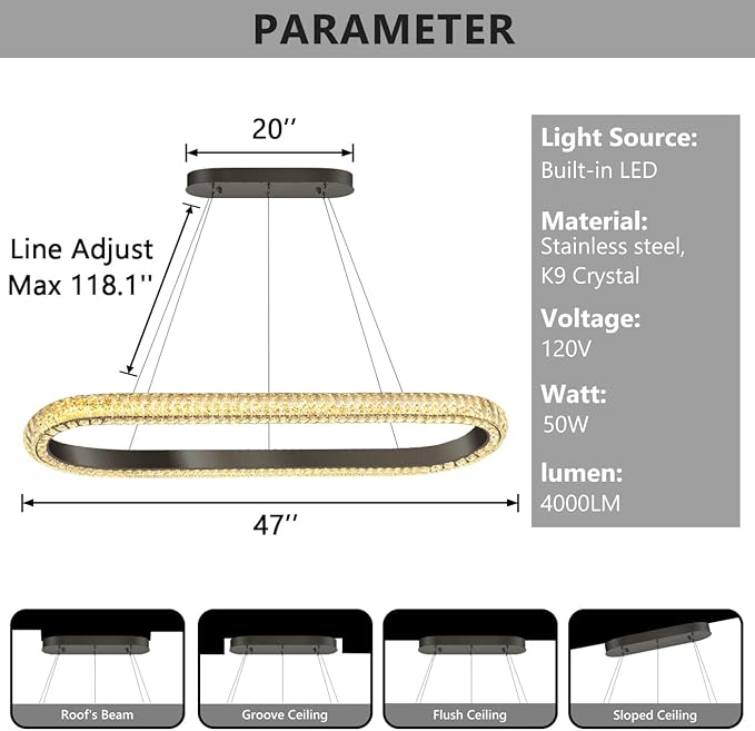 47'' Oval Ring Crystal Chandelier Modern LED Dimmable Ring Pendant Light Chandelier for Dining Room Living Room Black