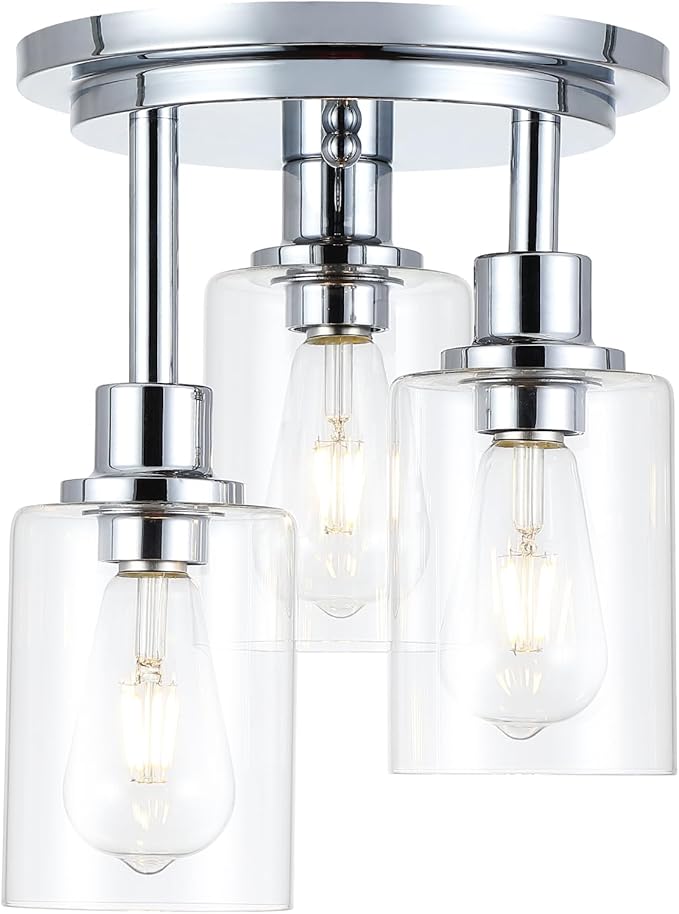 Chrome Semi Flush Mount Ceiling Light, Modern 3-Light Glass Ceiling Light Fixture, 11.2'' Ceiling Lamp for Kitchen, Bedroom, Hallway, Entryway