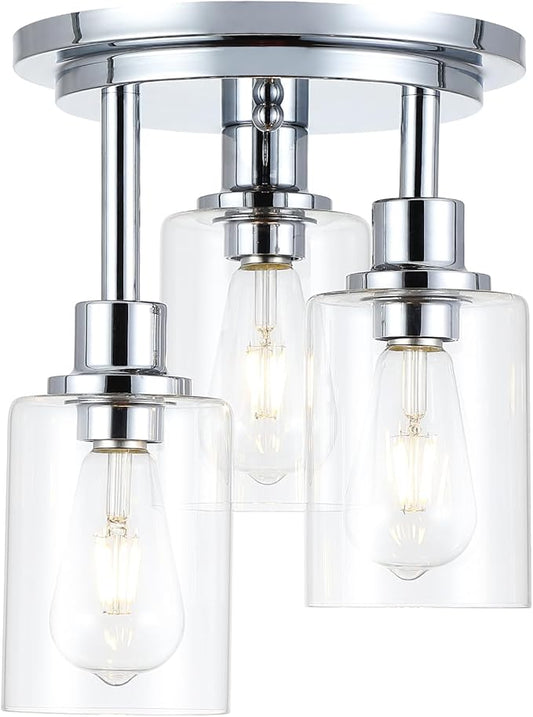 Chrome Semi Flush Mount Ceiling Light, Modern 3-Light Glass Ceiling Light Fixture, 11.2'' Ceiling Lamp for Kitchen, Bedroom, Hallway, Entryway