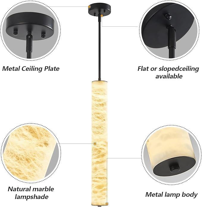 LMQNINE Natural Alabaster Pendant Lights White Marble 24" Long Tube Adjustable Boom Chandelier Modern 3000K Black Ceiling Light for Kitchen Island Bedroom Dining Room Living Room Hallway(M-1Pack)