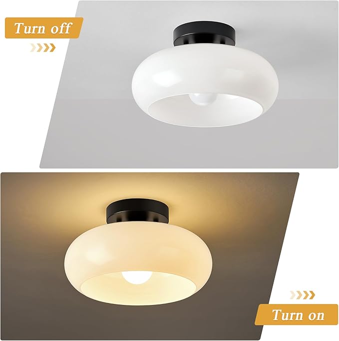 Mid-Century Modern Black Semi Flush Mount Ceiling Light,White Glass Dome Hallway Lighting Fixtures,Metal Close to Ceiling Lamp for Entryway Bathroom Kitchen Bedroom Porch Foyer Office (11 Inch)
