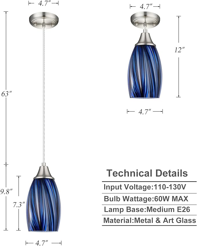 karyfine Dark Blue Glass Mini Pendant Lights for Kitchen Island 3Pack Blown Art Glass Pendant Lighting Shade Hanging Pendant Lights with Brushed Nickel Finish for Kitchen Over Sink,Dining Room