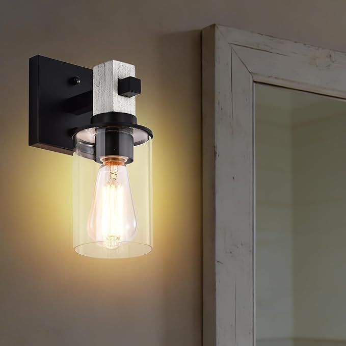 Rustic Wall Sconces,Hardwired 1-Light White Wood Farmhouse Sconce with Clear Glass Cylinder Shade,Matte Black Metal Wall Light,E26 Indoor Bathroom Vanity Fixture for Mirror,Bedroom,Hallway