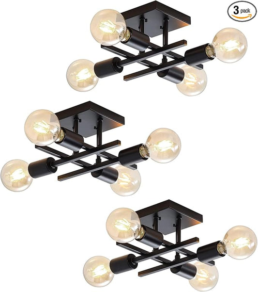 Industrial 4-Light Semi Flush Mount Ceiling Light Fixture, 3 Pack Modern Black Chandelier Lighting, Farmhouse Sputnik Ceiling Lamp, E26 Base Pendant Lamps