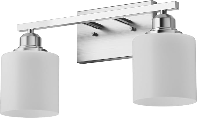 Sailstar Bathroom Light Fixtures 2-Light, Brushed Nickel Vanity Lights Fixtures, Modern Bathroom Vanity Light Over Mirror, Milky White Glass Shade & Anti-Rust Nickel Finished, Small Bathroom Light