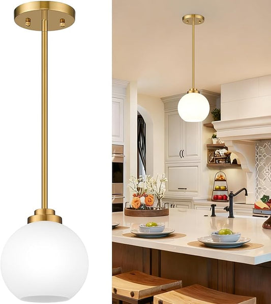 1 Pack 7.2-Inch Globe Pendant Lights, Mid Century Gold Pendant Light Fixtures, Globe Pendant Lights Kitchen Island with Milk Glass Shade Adjustable Hanging Fixture for Dining Room (Bulbs not Included)