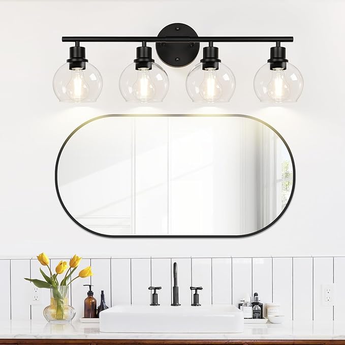 Indoi 4-Light Bathroom Light Fixtures, Black Bathroom Lights Over Mirror with Clear Glass Globe Shade, Vanity Lights for Bathroom Kitchen Living Room Hallway Cabinet Bedroom Porch
