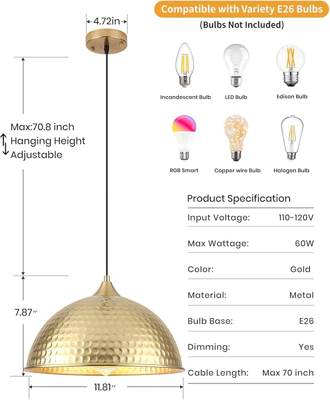 Gold Pendant Lights Kitchen Island 12 Inch, Vintage Hammered Pendant Light Fixtures Adjustable Height Dome Pendant Light for Dining Room Bedroom Bar