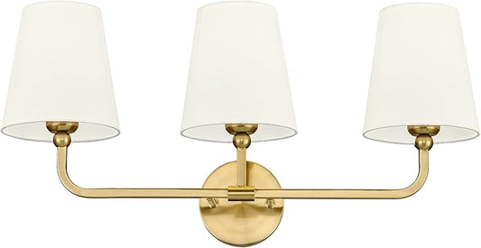 Bathroom Light Fixtures, Brushed Gold Vanity Lights with Beige Fabric Shade, 3-Light Wall Sconce, Modern Sconces Wall Lighting for Hallway Bedroom, VL837-BG-B-3