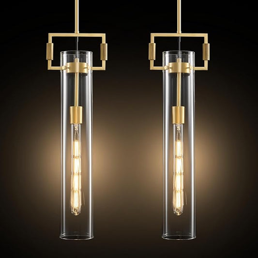 Modern Gold Glass Pendant Light: Knurled Brass Pendant Lights Kitchen Island Set of 2 - Minimalist Pendants Lighting Fixtures with Long Tube - Dimmable Hanging Light Fixture over Table Bulb included