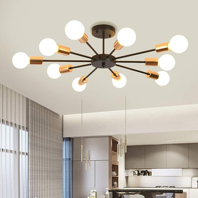 Jaycomey Semi Flush Mount Sputnik Ceiling Light,10-Light E26 Base Modern Black Sputnik Chandelier,Industrial Ceiling Lamp Fixture for Kitchen Farmhouse Living Room Dining Room