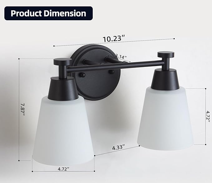 Bathroom Vanity Light, 2 Light Modern Matte Black Stainless Steel Over Mirror Vanity Light Fixture with Frosted Glass, Wall Sconces Lighting for Bedroom Living Room