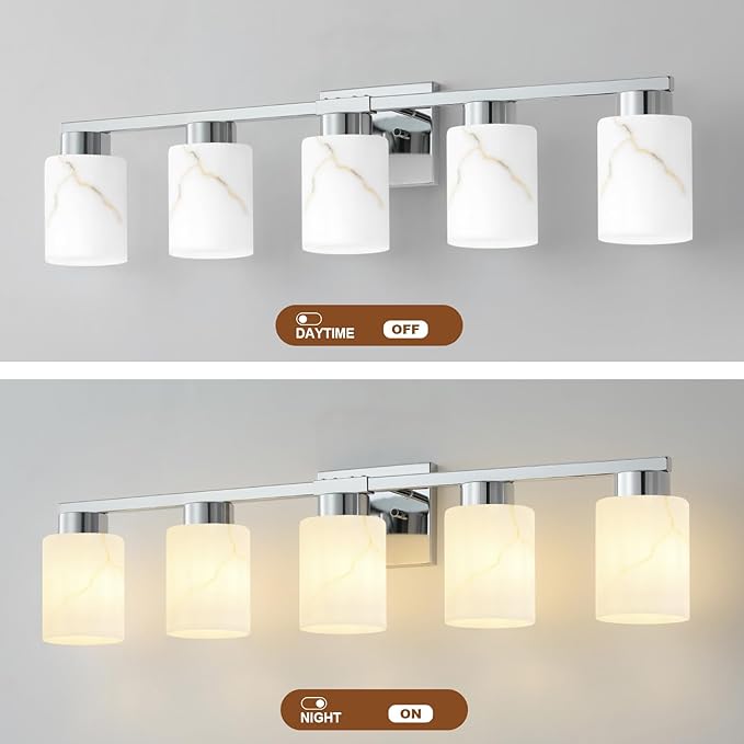 5-Light Bathroom Light Fixtures, Modern Vanity Lights, Chrome Metal Wall Lamp with White Marble Glass for Bathroom, Mirror, Living Room, Bedroom, Cabinet, Porch, Hallway, E26 Base