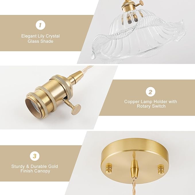 Vintage Pendant Lights Kitchen Island 2 Pack, Adjustable Pendant Light Fixtures with Transparent Lily Glass Lampshade, Gold Kitchen Pendant Lighting Over Island, Pendant Light for Dining Room Hallway