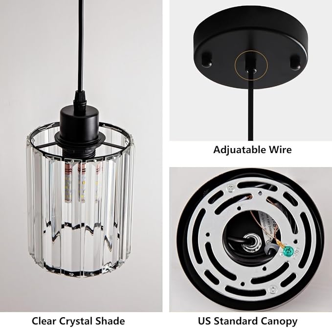 Black Pendant Lighting 2 Pack Modern Crystal Mini Chandeliers Vintage Rustic Farmhouse Pendant Lights for Kitchen Island Dining Room Bedroom