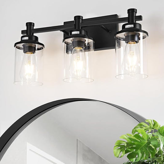 3 Light Bathroom Light Fixtures, Modern Black Vanity Lights Over Mirror, Wall Sconce with Clear Glass Shade and Metal Base, Vanity Lights for Bathroom, Wall Lamp for Mirror Bedroom Hallway