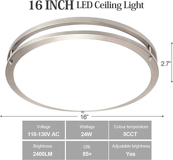 OOWOLF 16inch 48W LED Flush Mount Ceiling Light Fixture Dimmable, 5CCT Super Bright Brushed Nickel Ceiling Light 4800LM Warm/White 480W Equivalent, 3000K/ 3500K/ 4000K/ 5000K/ 6000K Ceiling Lamp