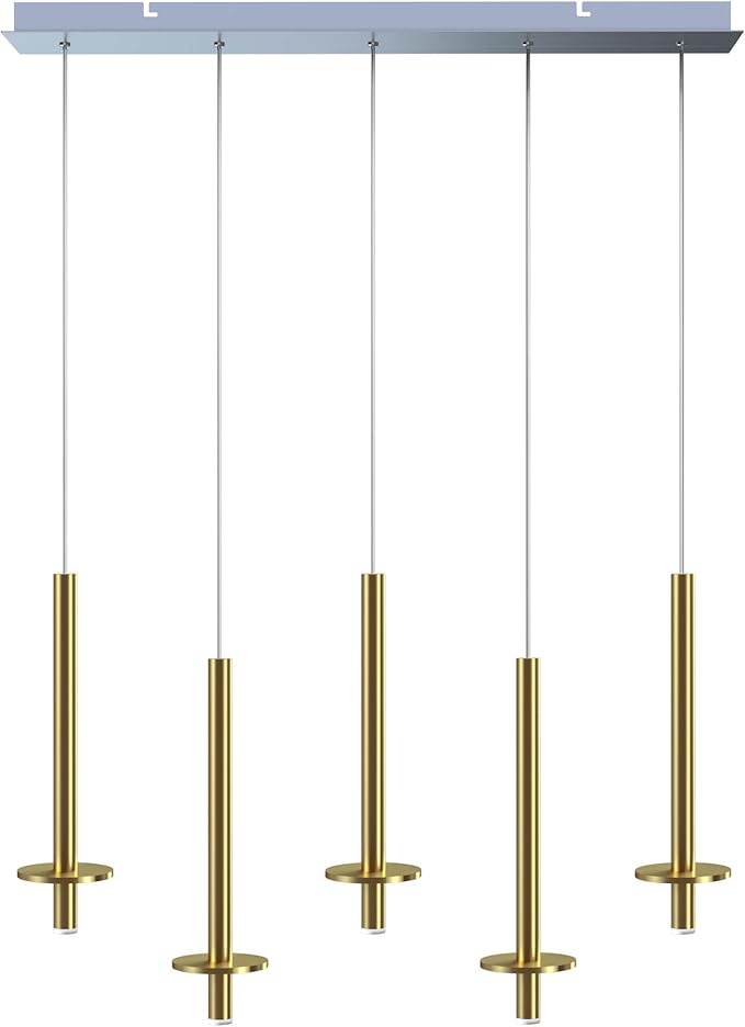 Draco 5 Pendant Lighting Brass – LED Hanging Light Fixture for Kitchen Island, Bar, Foyer – Equilateral Cluster of Mini Metal Rod Pipe Tube Cylinders – Dimmable, Adjustable Wire, Lamp Bulb Included