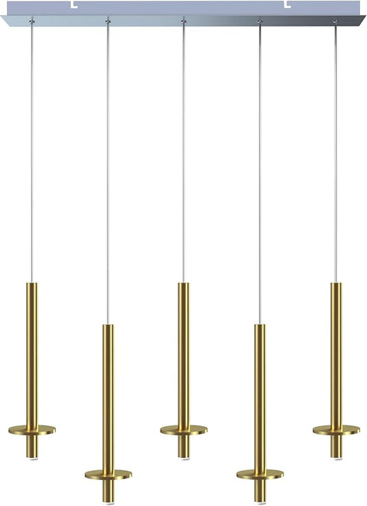 Draco 5 Pendant Lighting Brass – LED Hanging Light Fixture for Kitchen Island, Bar, Foyer – Equilateral Cluster of Mini Metal Rod Pipe Tube Cylinders – Dimmable, Adjustable Wire, Lamp Bulb Included