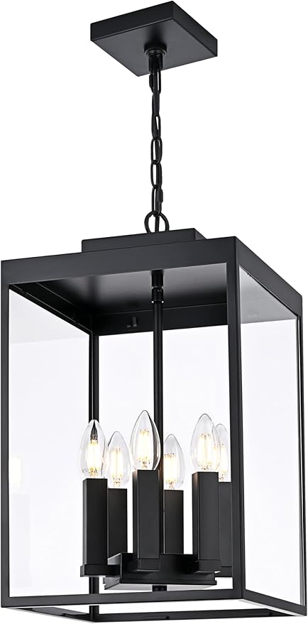 MELUCEE 16'' Large Outdoor Pendant Light Fixture, 6-Light Outdoor Chandelier for Porch Black Lantern Pendant Lights with Clear Glass Exterior Ceiling Lights Hanging for Porch Patio Gazebo Entrance