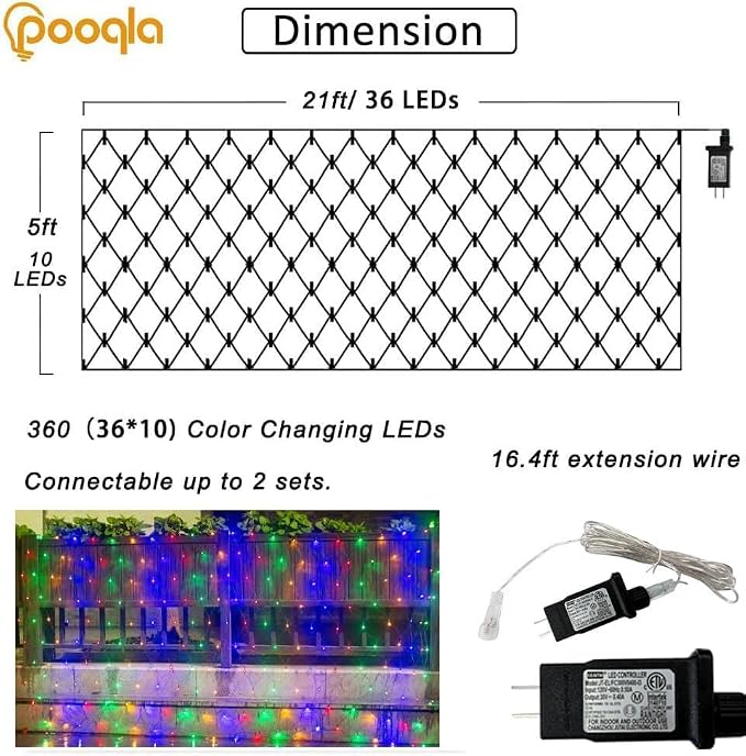 Colorful Net Lights, 360 LED Outdoor Christmas Net Mesh Lights for Bushes 21x5 ft, 8 Modes Waterproof Twinkle String Lights Connectable for Christmas Hedge Yard Garden Party Decor