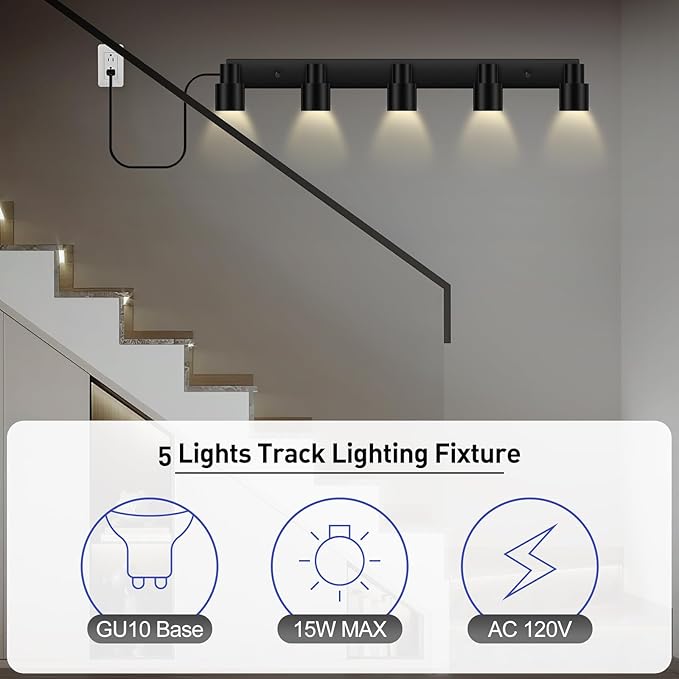 Plug in Track Lighting, 30" LED Track Light Fixtures Ceiling, Black 5 Way Ceiling Lights for Kitchen, 15FT Cord, Rotatable Light Head, Rocker Switch, Plug Spotlight for Bedroom Hallway(GU10, NO Bulb)
