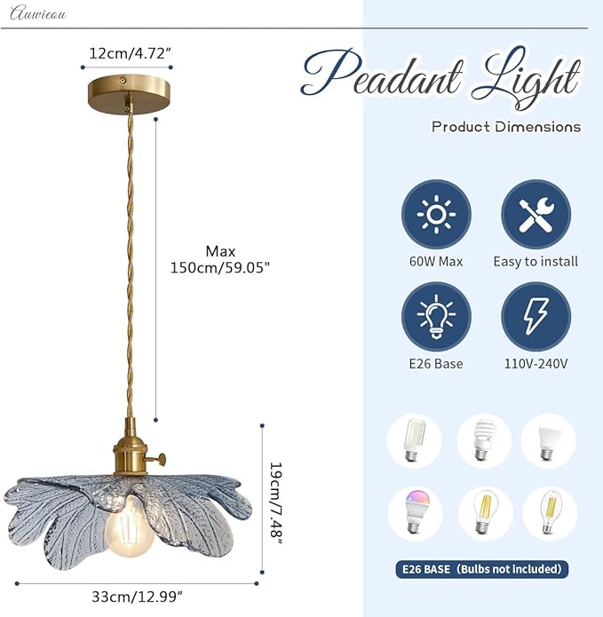 2 Pack Pendant Lights for Kitchen Island Mid Century Modern Hanging Light with Blue Glass Flower Shade, Adjustable Farmhouse Pendant Lighting for Dining Room Bedroom, Vintage Brass Base