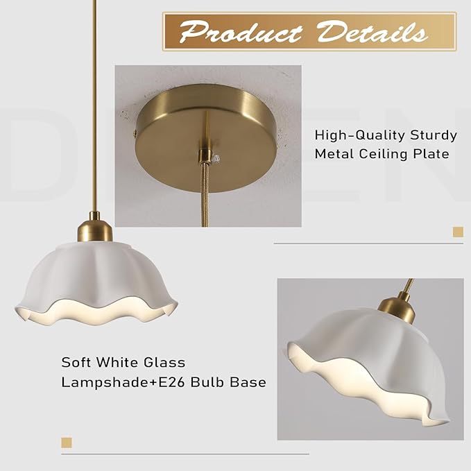Modern Minimalist White Pleated Ceramics Pendant Lights Kitchen Island Mid Century Opal Glass Dome Adjustable Height Hanging Ceiling Light Fixture Brass Milk Glass Pendant Light MPL11-1 GD