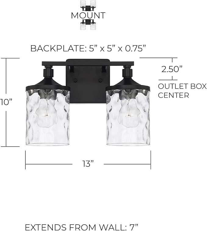 HomePlace Lighting 128821MB-451 Colton Mid-Century Clear Water Glass Bathroom Vanity Wall Light, 2-Light 200 Total Watts, 10" H x 13" W, Matte Black