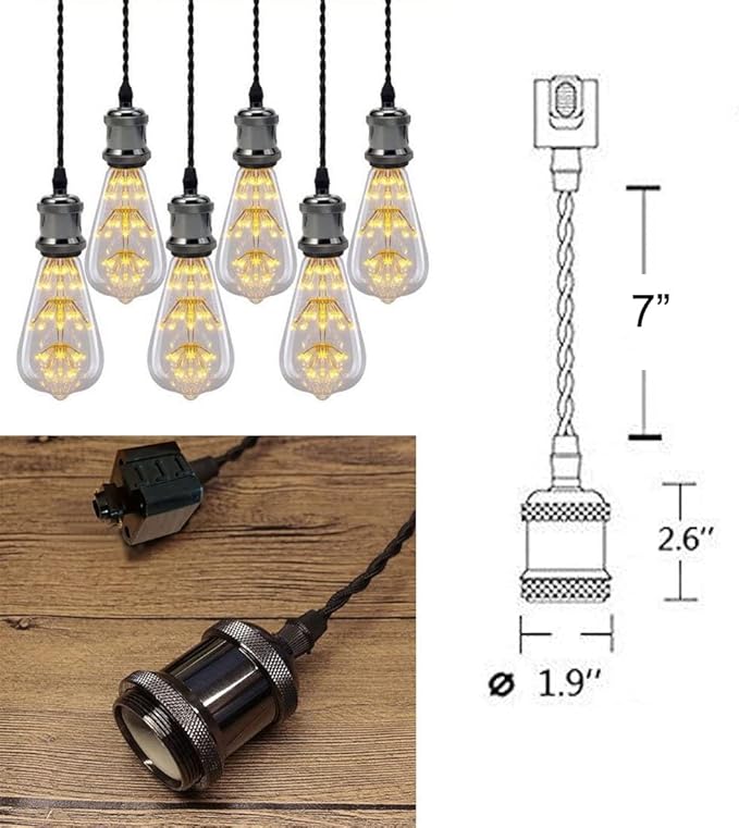 Kiven 3-Light H-Type Wire Track Light Pendants, 7 Inch Cord Length Black Weave Rope, Restaurant Chandelier Decorative Pendant Light Industrial Factory Pendant Lamp 3 Pack,Bulb Not Included（Black）
